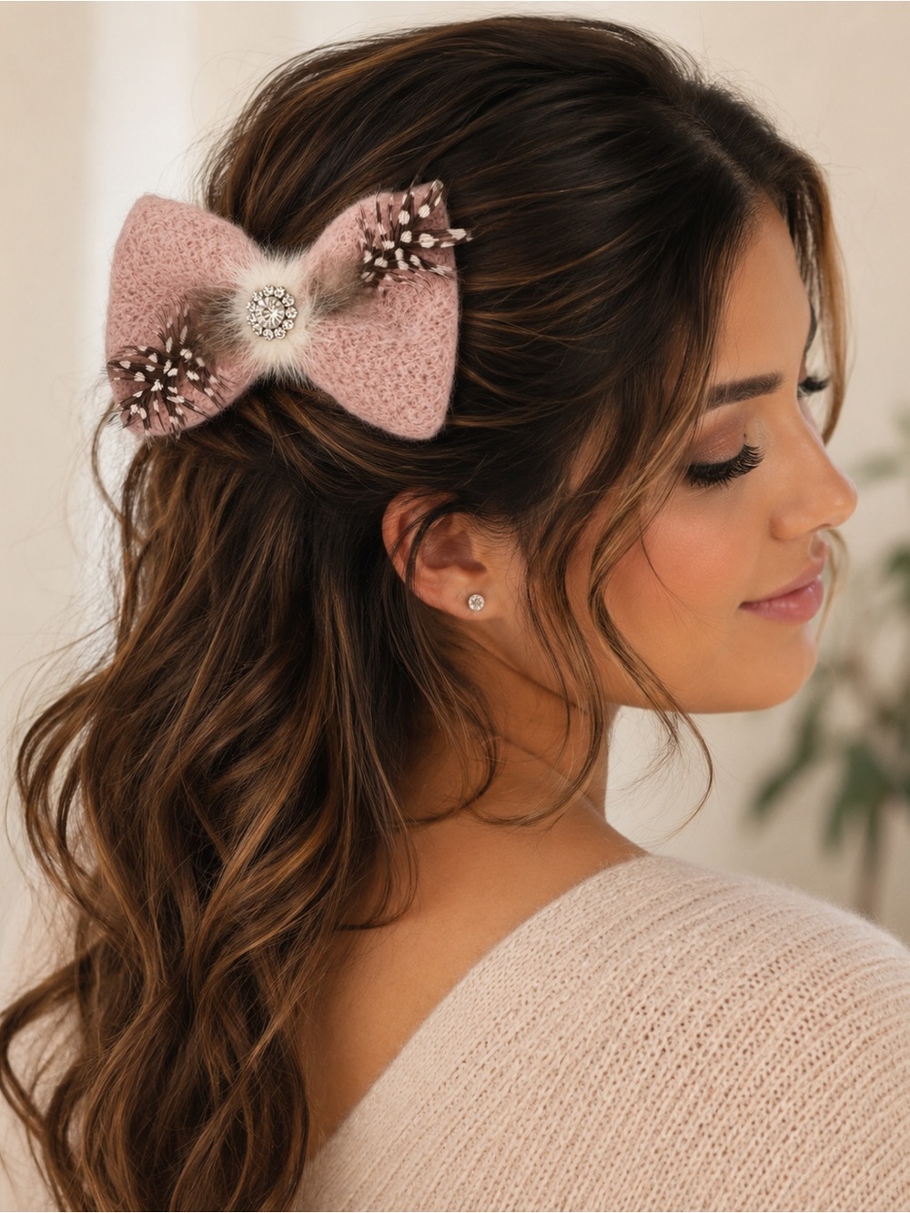 Blush Pink Felt Hair Bow Barrette • Feather & Rhinestone Boutique Clip